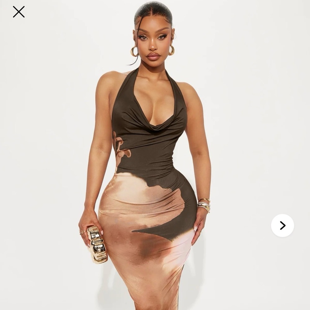 Fashion Nova One-Shoulder Halter Bodycon Dress in Black and Bronze